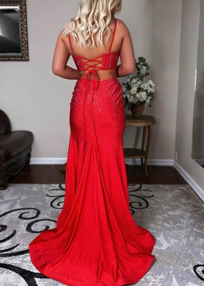 Mermaid Spaghettti Strap Beaded Satin Prom Dresses with Slit