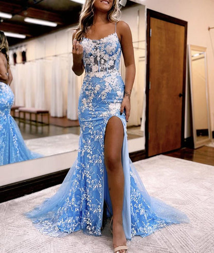 Mermaid Spaghetti Straps Lace Tulle Prom Dresses with Slit