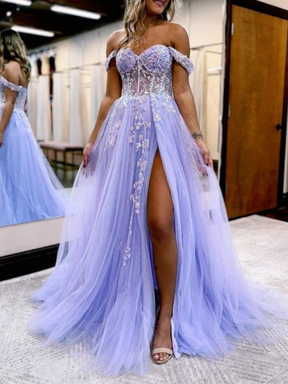 A-line Off the Shoulder Lace Tulle Prom Dresses with Slit