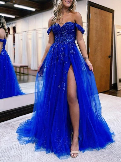 A-line Off the Shoulder Lace Tulle Prom Dresses with Slit