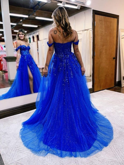 A-line Off the Shoulder Lace Tulle Prom Dresses with Slit