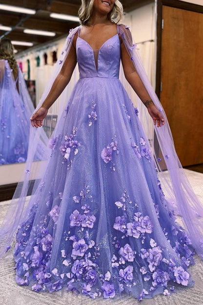3D Floral Lace A-line Prom Dresses with Cape Sleeves
