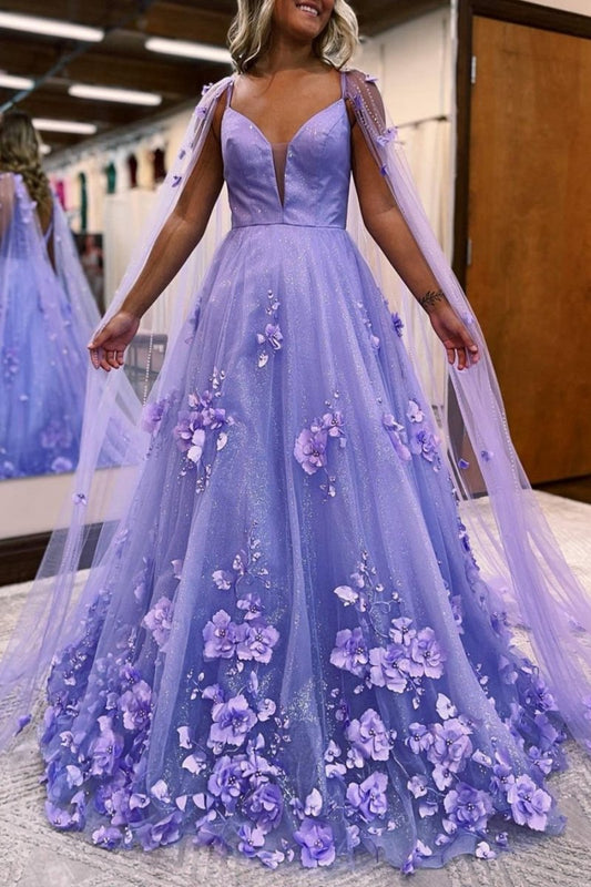 3D Floral Lace A-line Prom Dresses with Cape Sleeves