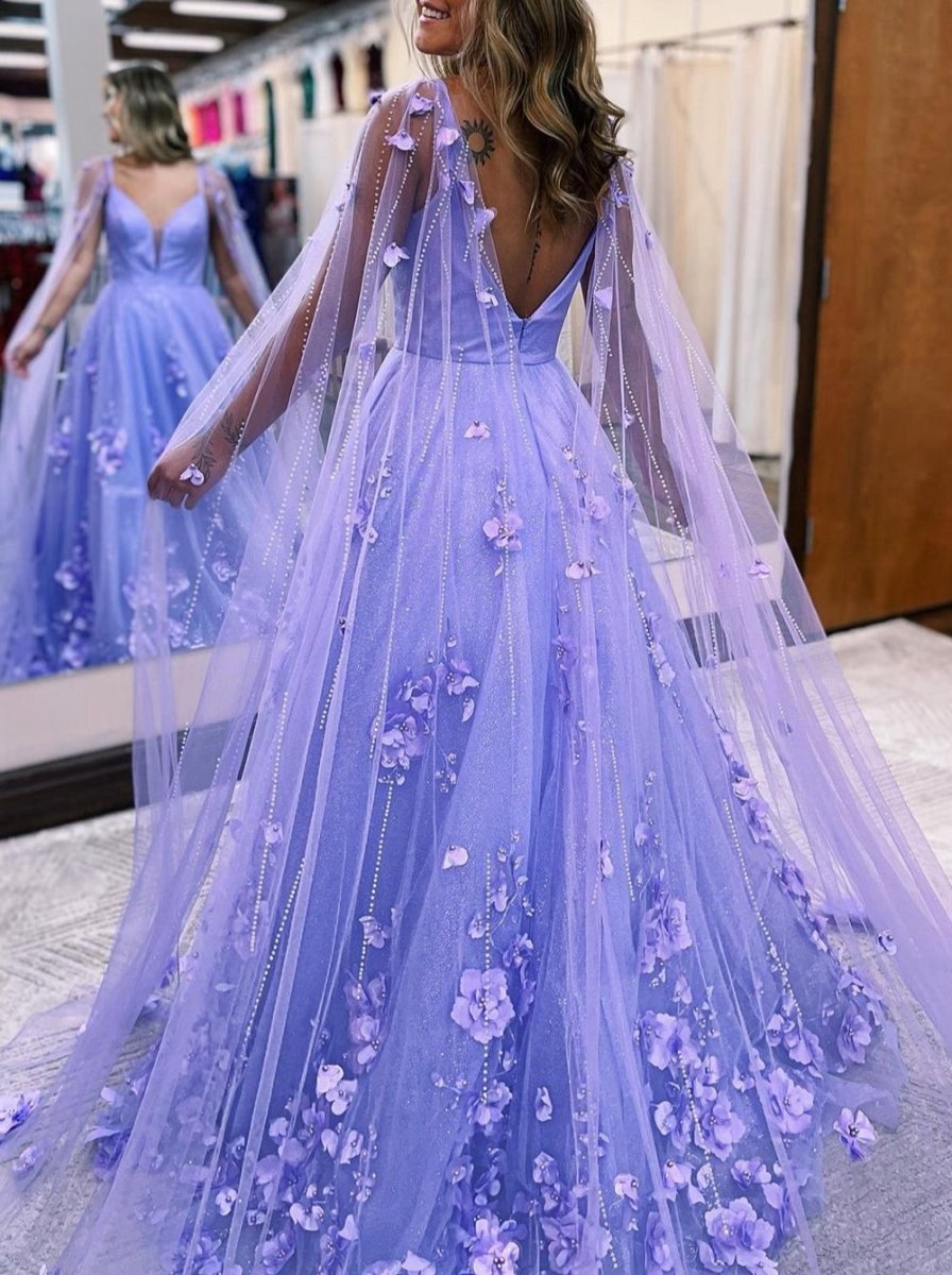 3D Floral Lace A-line Prom Dresses with Cape Sleeves