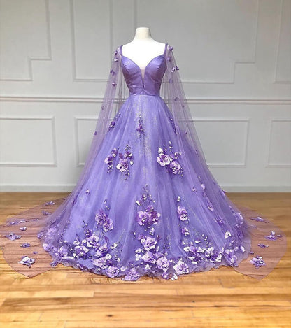 3D Floral Lace A-line Prom Dresses with Cape Sleeves