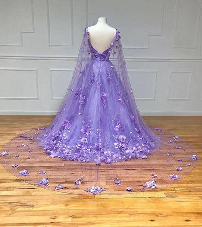 3D Floral Lace A-line Prom Dresses with Cape Sleeves