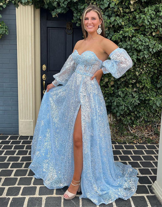 A-line Sweetheart Lace Prom Dresses with Sleeves