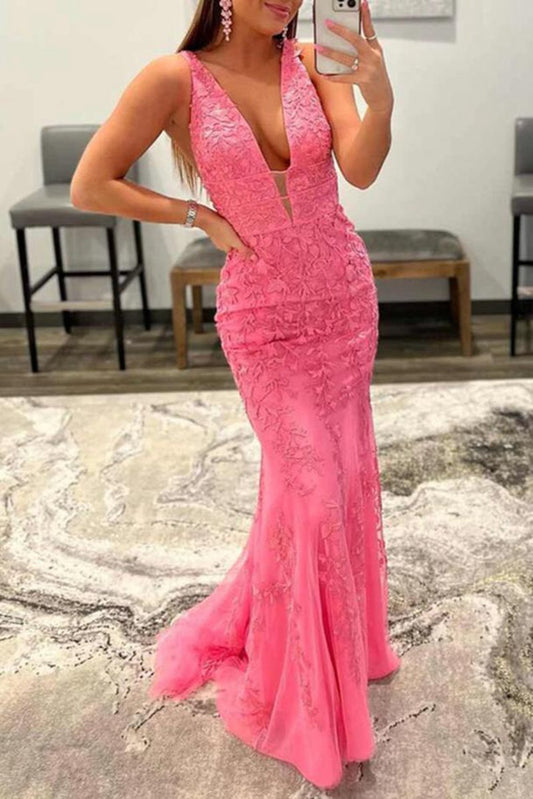 Mermaid Plunge V Neck Lace Prom Dresses