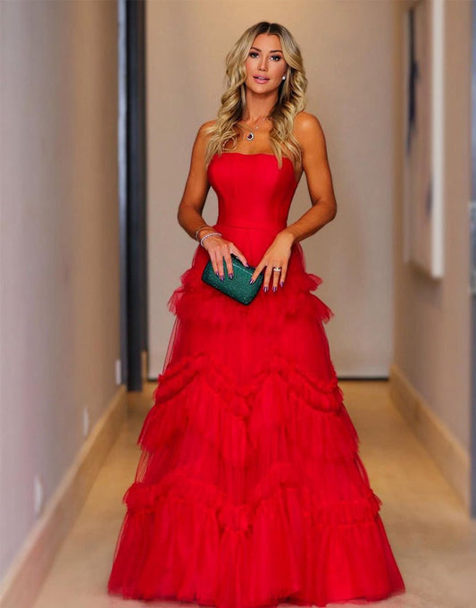 A-line Strapless Ruffled Tulle Prom Dresses
