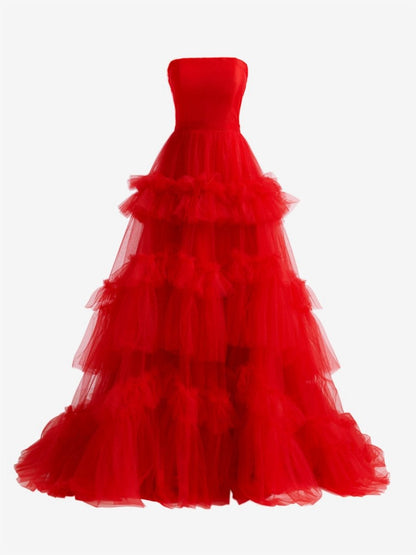 A-line Strapless Ruffled Tulle Prom Dresses
