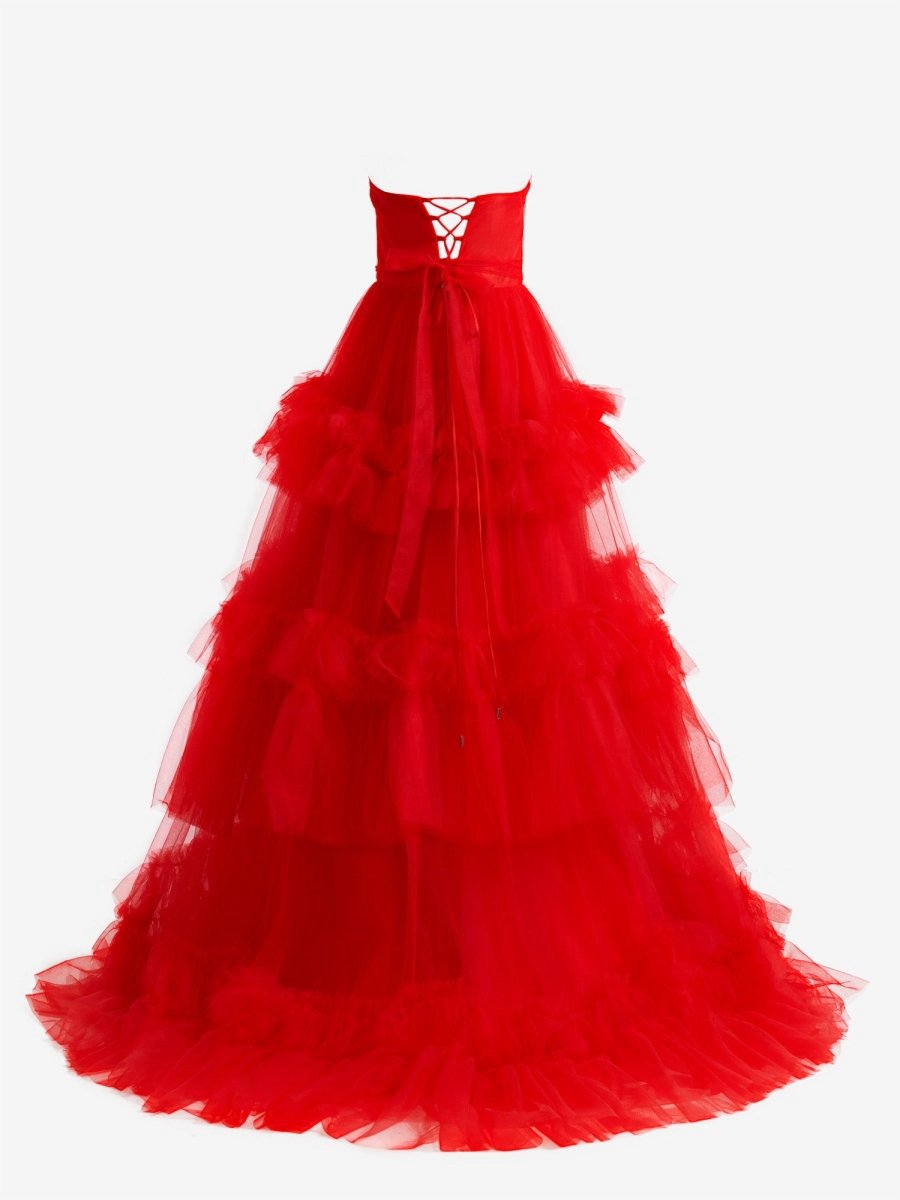 A-line Strapless Ruffled Tulle Prom Dresses