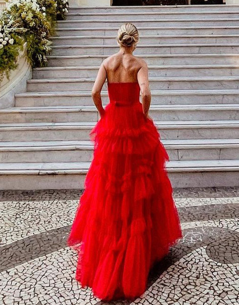 A-line Strapless Ruffled Tulle Prom Dresses