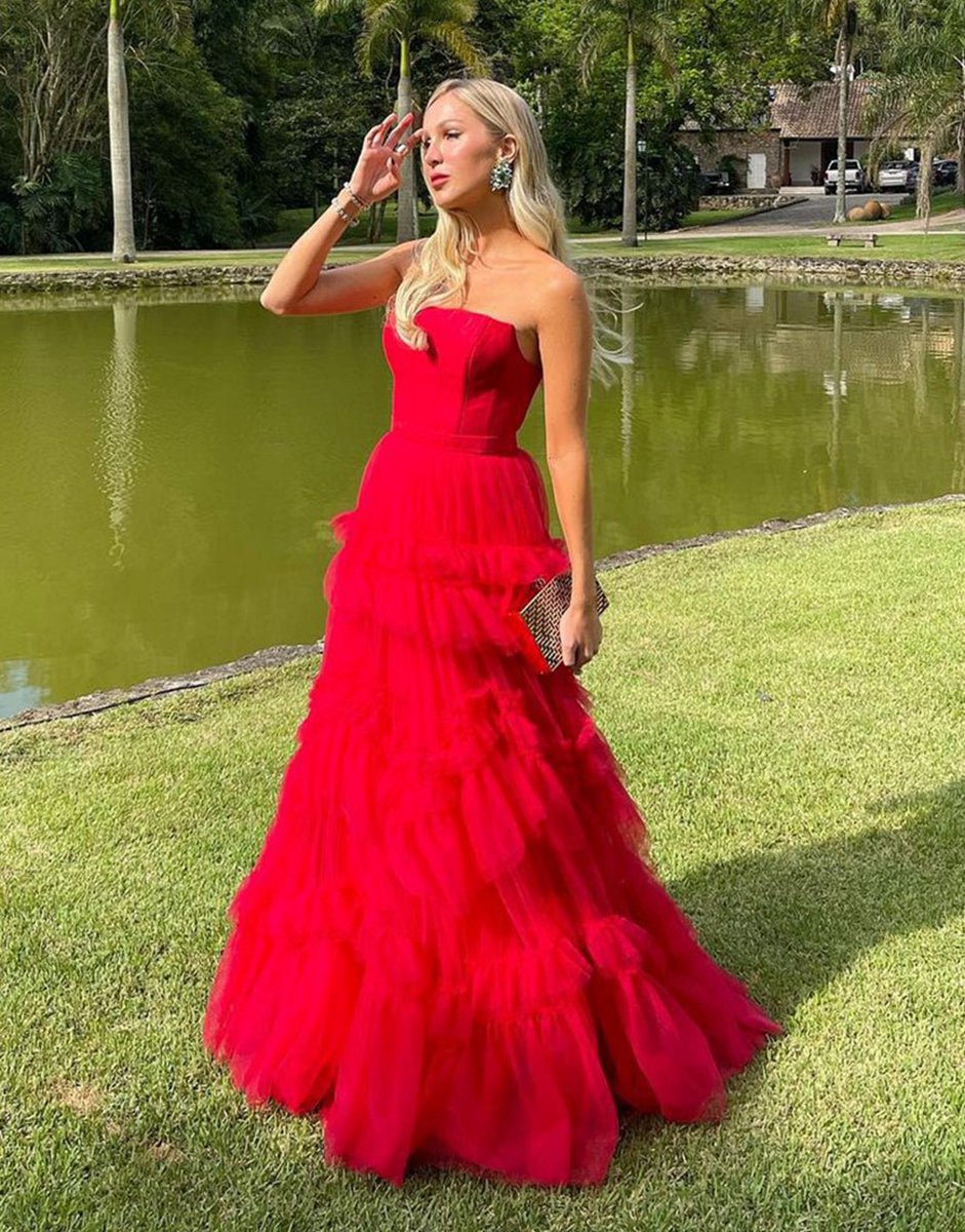 A-line Strapless Ruffled Tulle Prom Dresses
