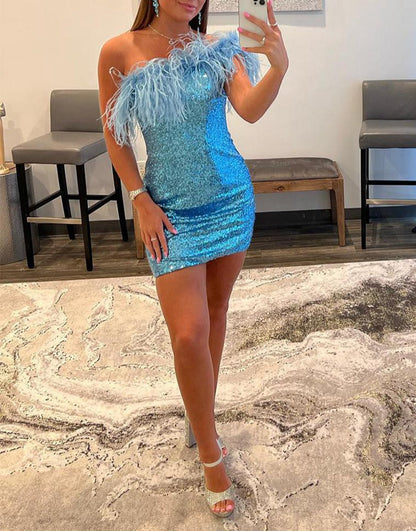 Sheath Sequin Homecoming Dresses with Feather