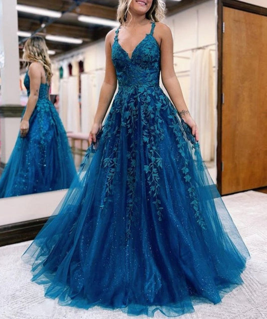 A-line Ink Glitter Tulle Lace Prom Dresses
