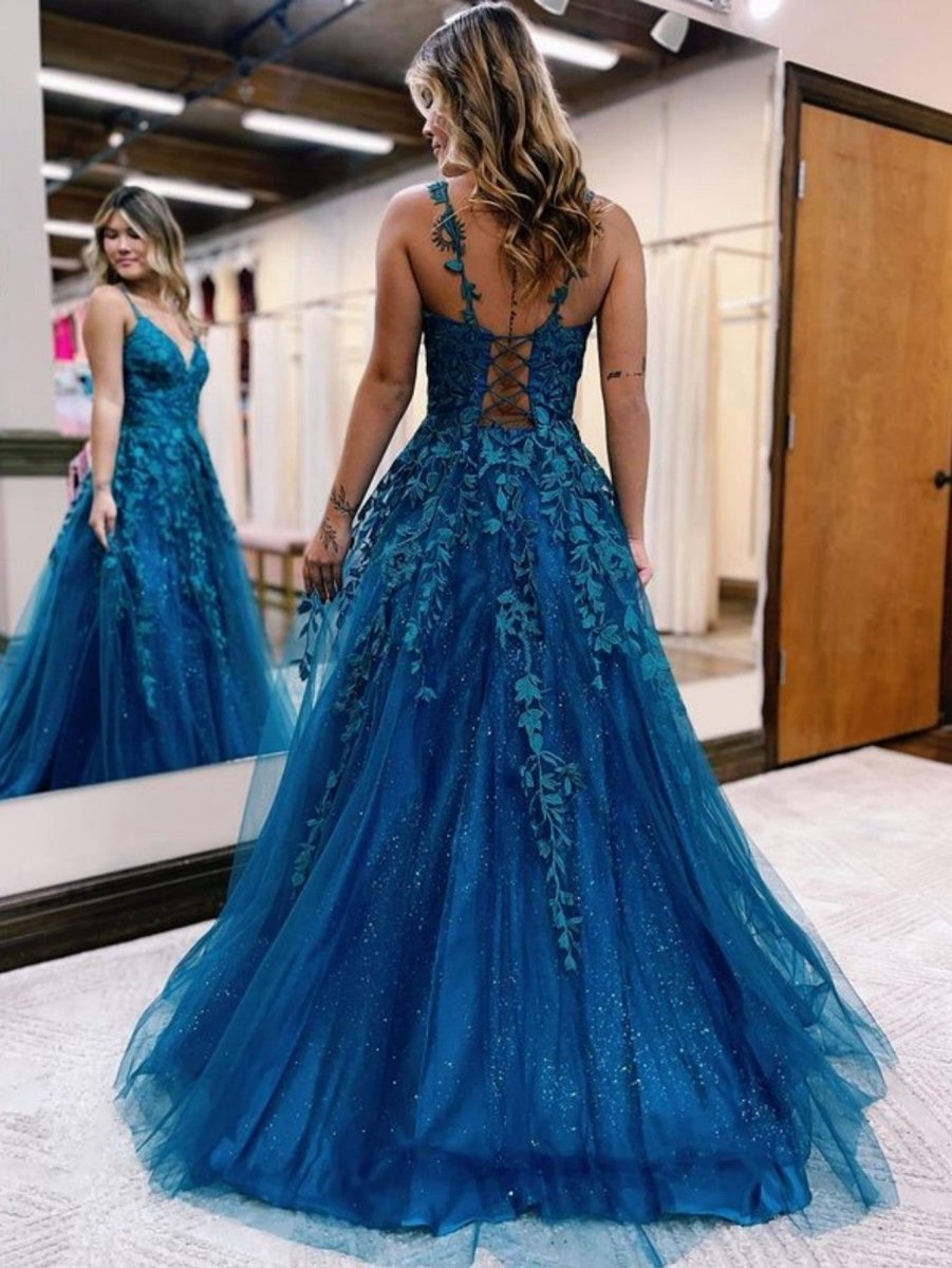 A-line Ink Glitter Tulle Lace Prom Dresses