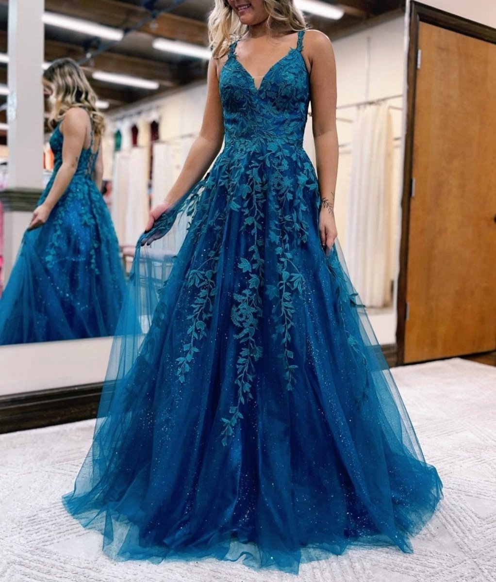 A-line Ink Glitter Tulle Lace Prom Dresses
