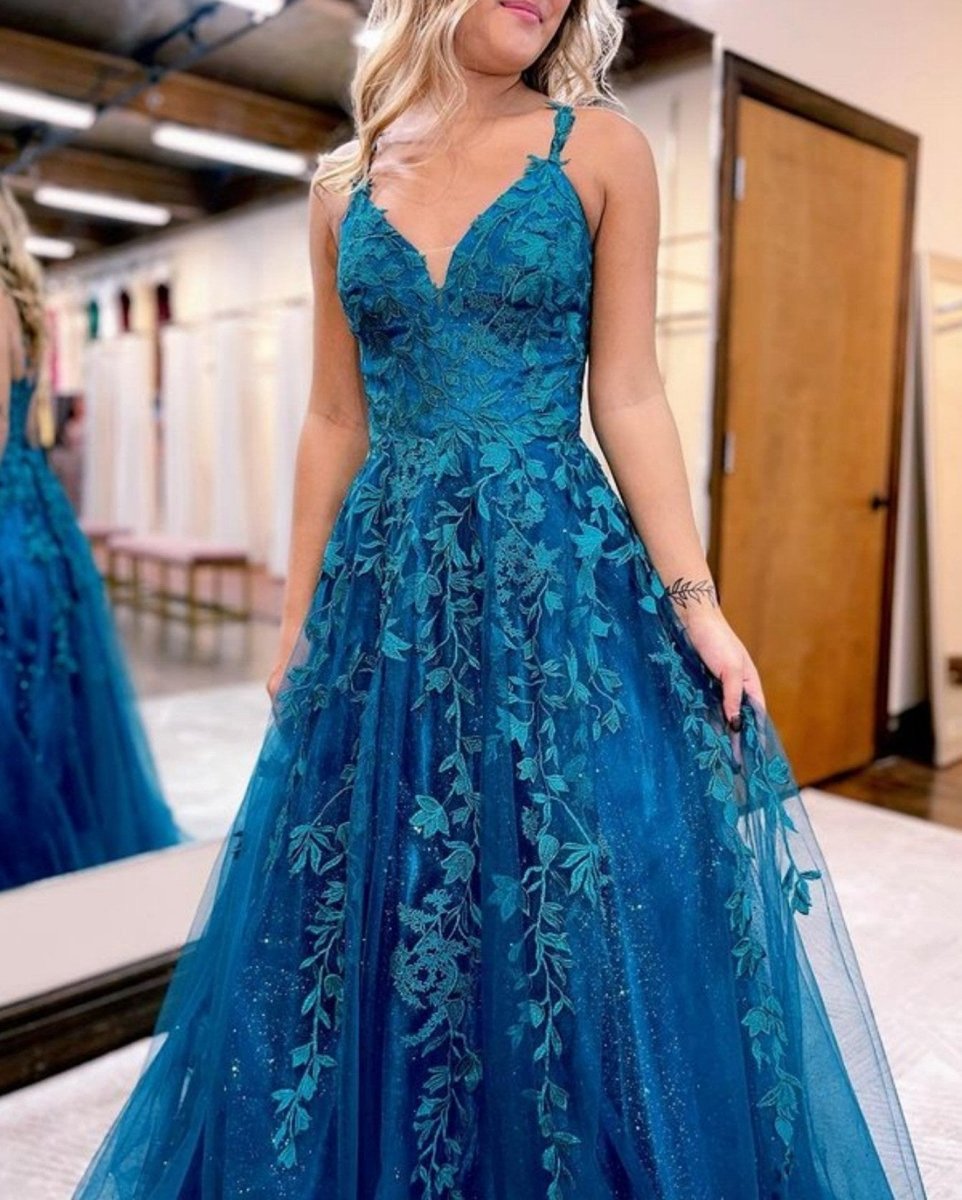 A-line Ink Glitter Tulle Lace Prom Dresses