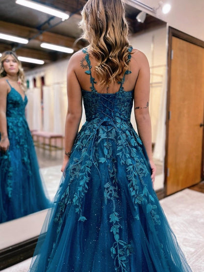 A-line Ink Glitter Tulle Lace Prom Dresses