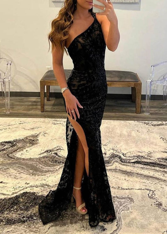 Mermaid One Shoulder Lace Prom Dresses with Silt