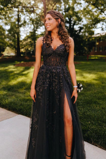 A-line Sweetheart Lace Tulle Prom Dresses with Slit