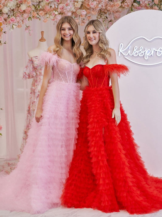 A-line Sweetheart Tie Tulle Long Prom Dresses with Slit
