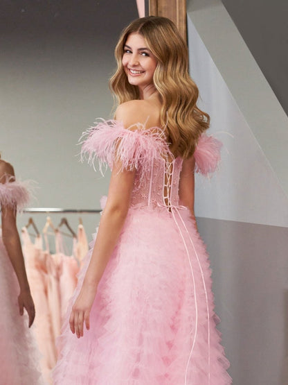 A-line Sweetheart Tie Tulle Long Prom Dresses with Slit