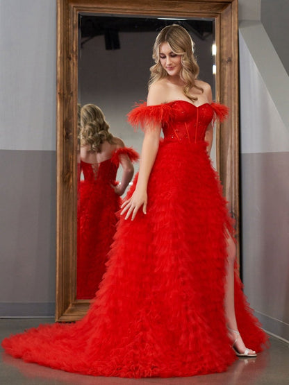 A-line Sweetheart Tie Tulle Long Prom Dresses with Slit