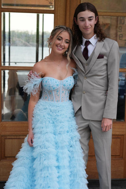 A-line Sweetheart Tie Tulle Long Prom Dresses with Slit