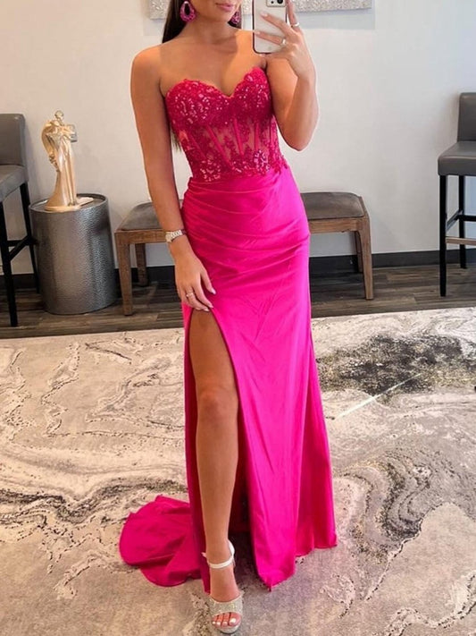Sheath Strapless Sweetheart Long Prom Dresses with Slit