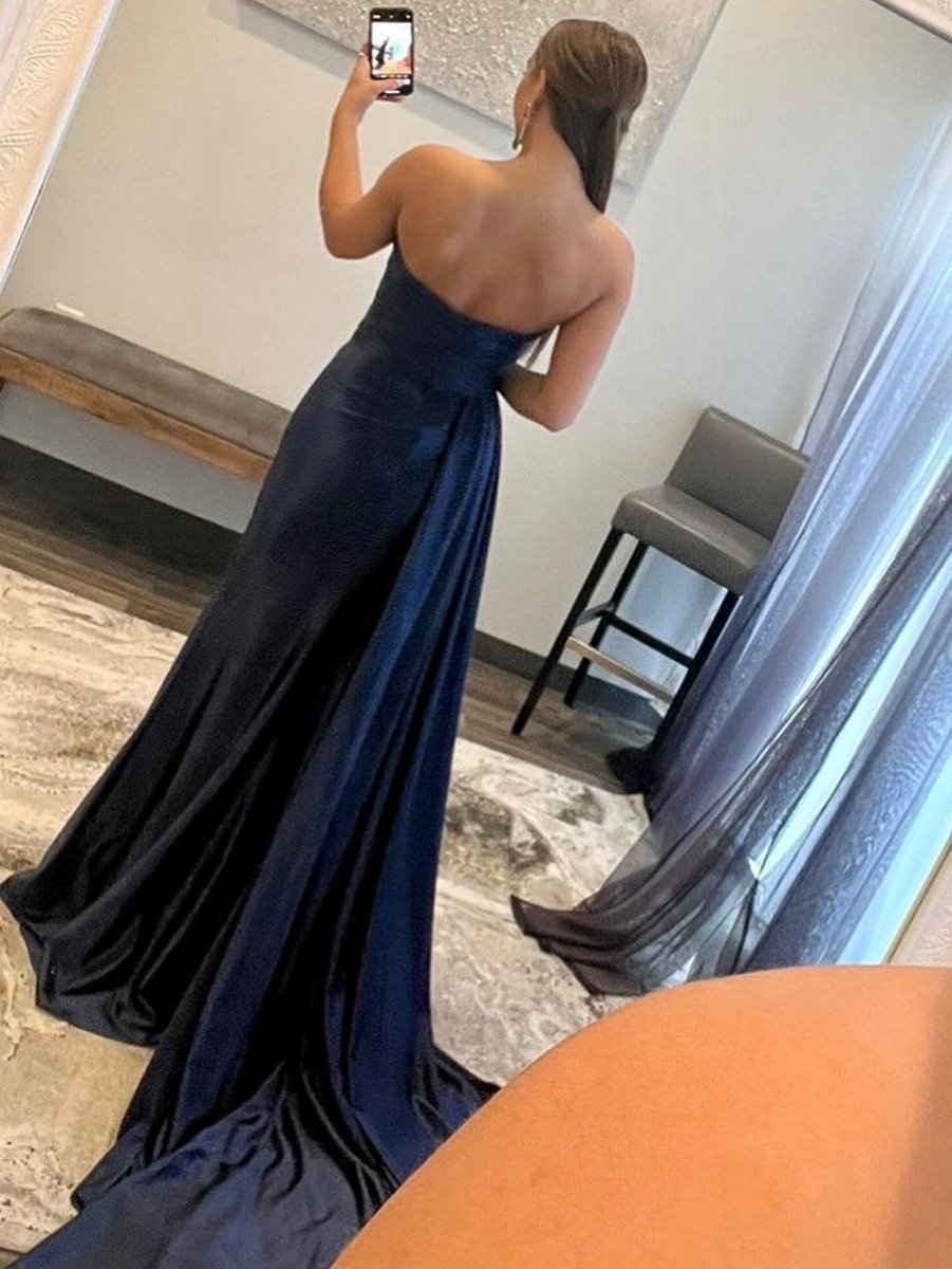 Mermaid Strapless Satin Prom Dresses with Slit