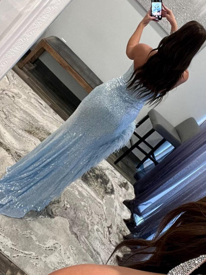 Sheath Strapless Sequin Prom Dresses with Slit