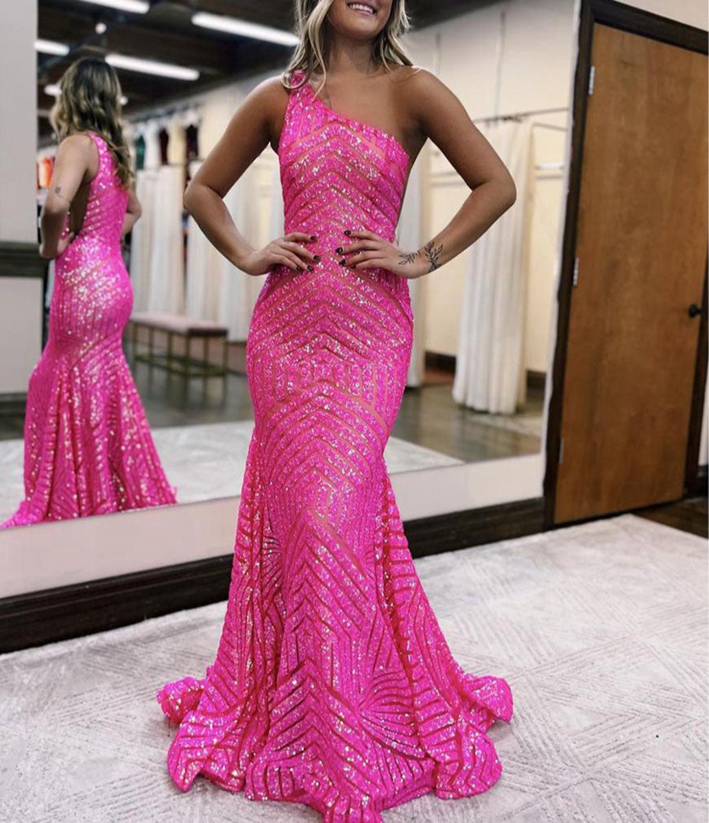Mermaid Unique One Shoulder Sequins Prom Dresses