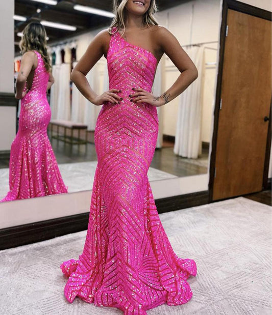 Mermaid Unique One Shoulder Sequins Prom Dresses