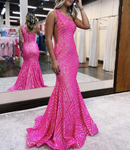 Mermaid Unique One Shoulder Sequins Prom Dresses