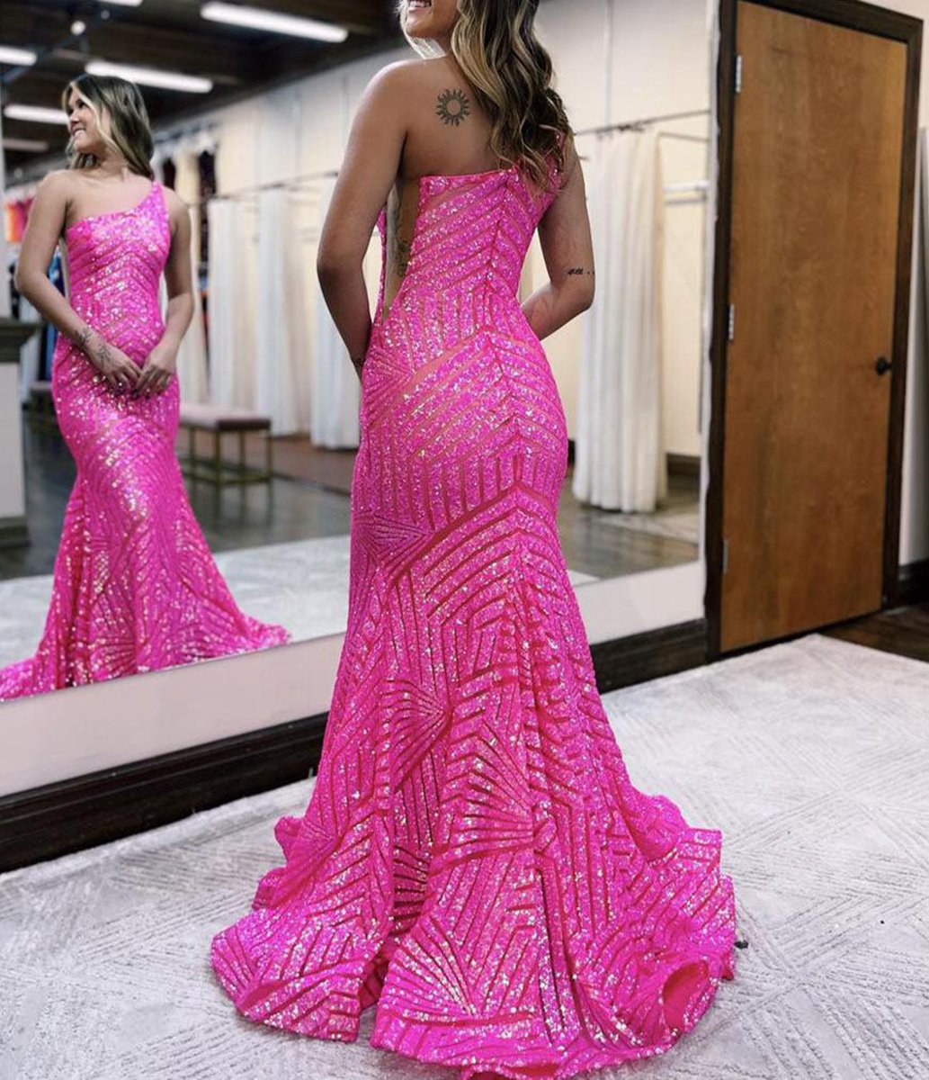 Mermaid Unique One Shoulder Sequins Prom Dresses