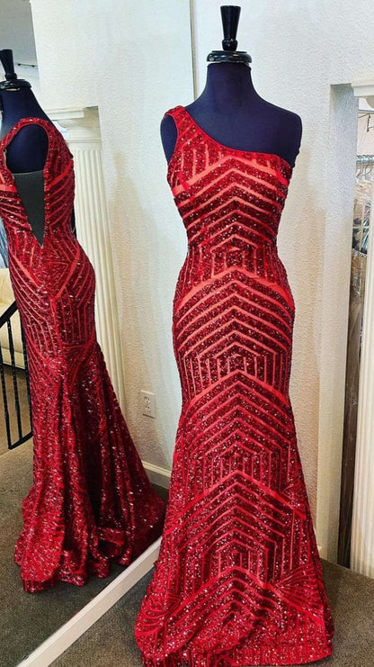 Mermaid Unique One Shoulder Sequins Prom Dresses