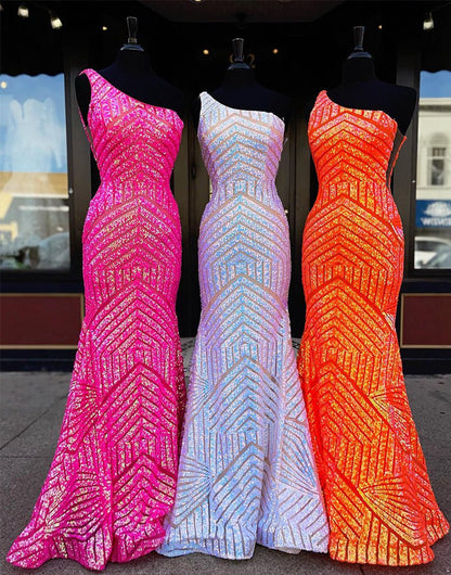 Mermaid Unique One Shoulder Sequins Prom Dresses