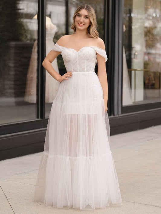 Off Shoulder A-line Tulle Prom Dresses