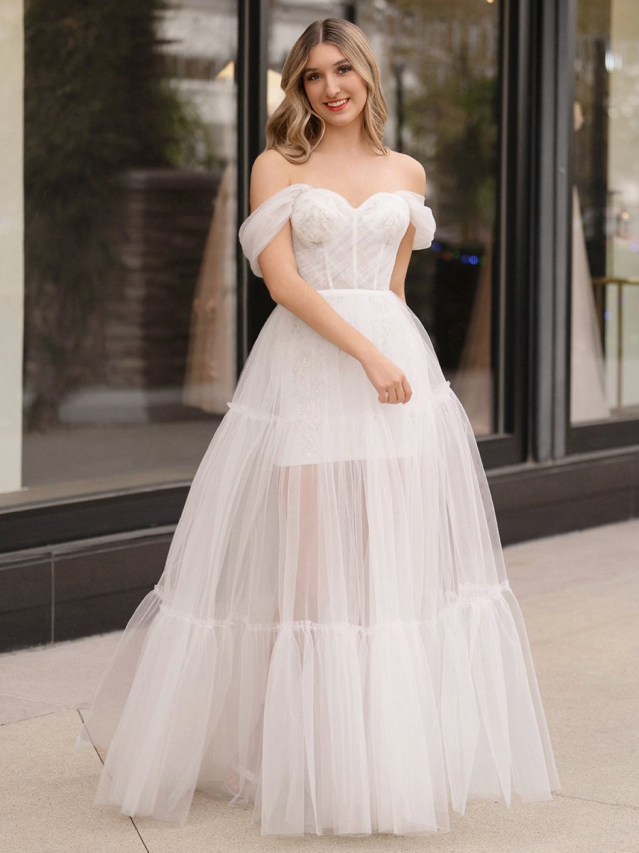 Off Shoulder A-line Tulle Prom Dresses