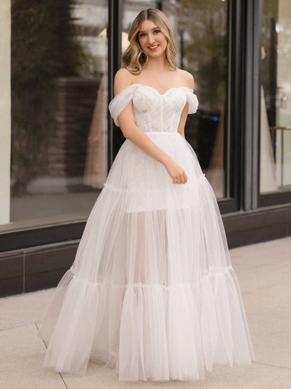 Off Shoulder A-line Tulle Prom Dresses
