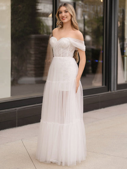 Off Shoulder A-line Tulle Prom Dresses