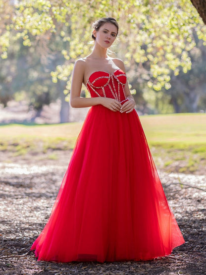 A-line Strapless Prom Dresses with Beadings