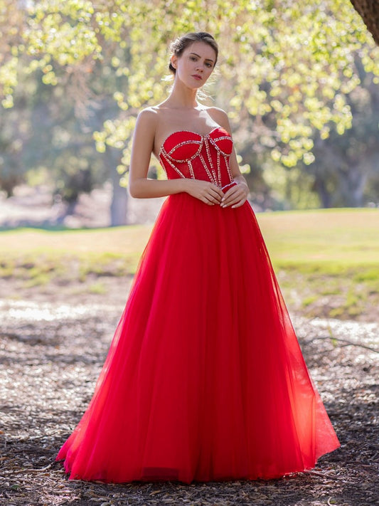 A-line Strapless Prom Dresses with Beadings