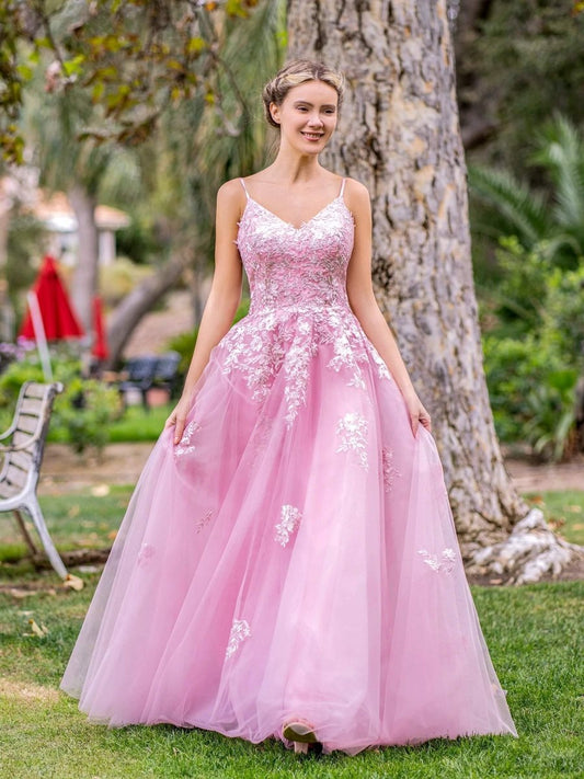 Deep V-Neck Applique Lace Floor Length Tulle Prom Dresses