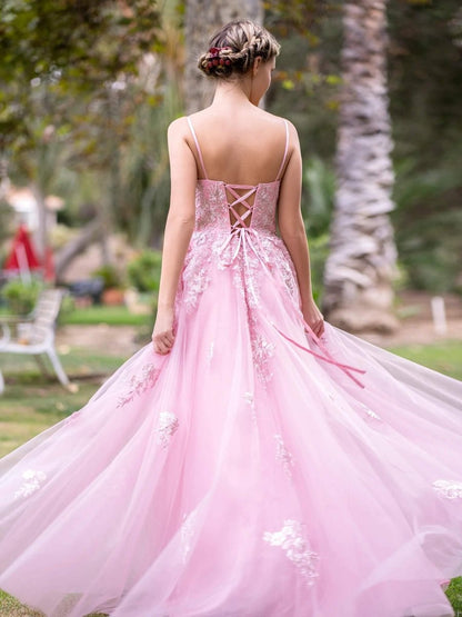Deep V-Neck Applique Lace Floor Length Tulle Prom Dresses