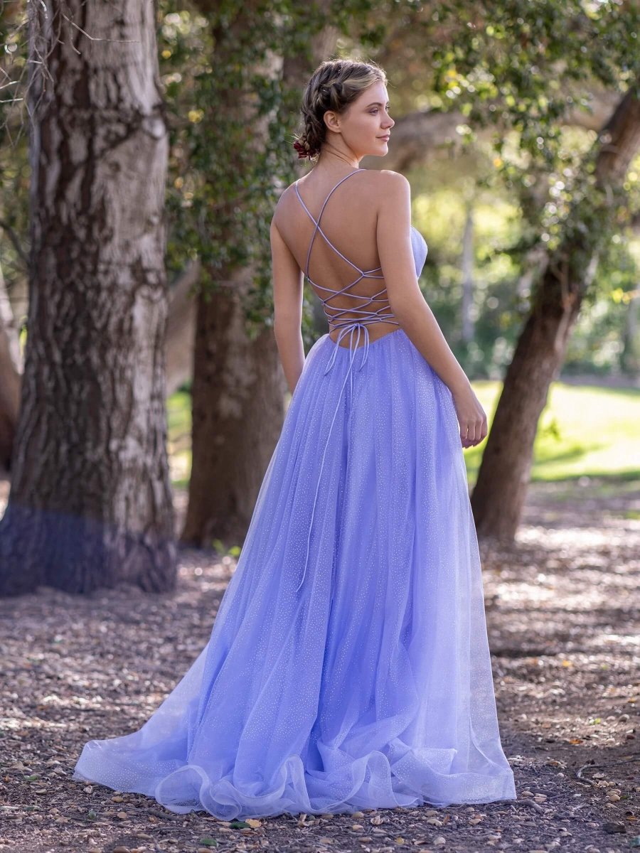Deep V-Neck Spaghetti Straps Floor Length Tulle Prom Dresses