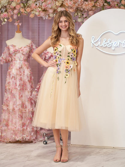 3D Flower Tulle Tea Length Prom Dresses