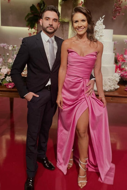 Strapless Pleated Long Prom Dresses with Slit