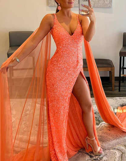 Mermaid V Neck Sequin Prom Dresses with Slit